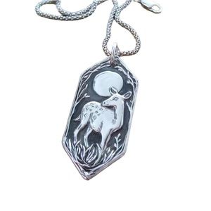 Silver and Black Deer at Night Pendant Necklace